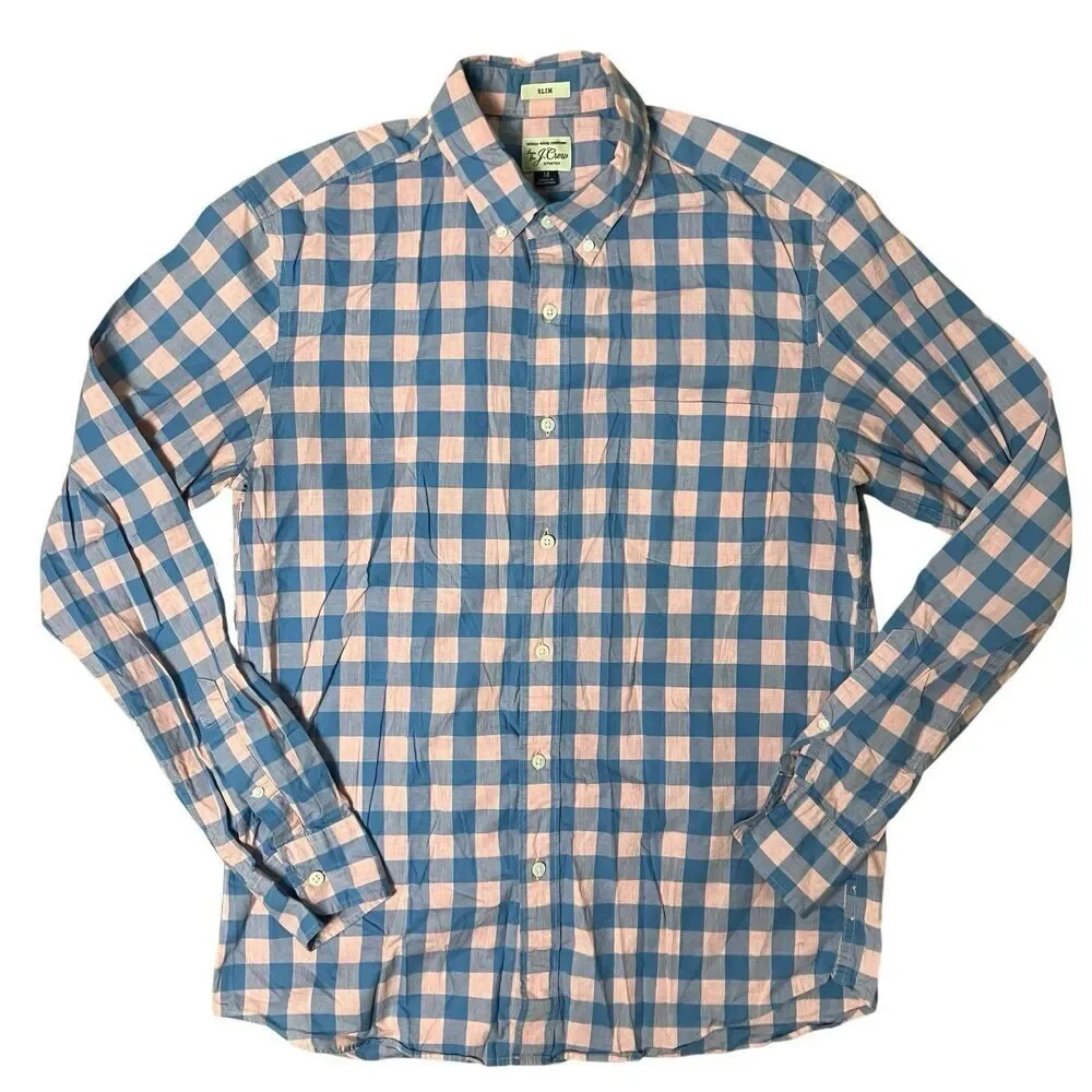 J Crew Shirt Mens M Blue Slim Fit‎ Button Down Plaid Baby Pink Check Colorful - Picture 3 of 9